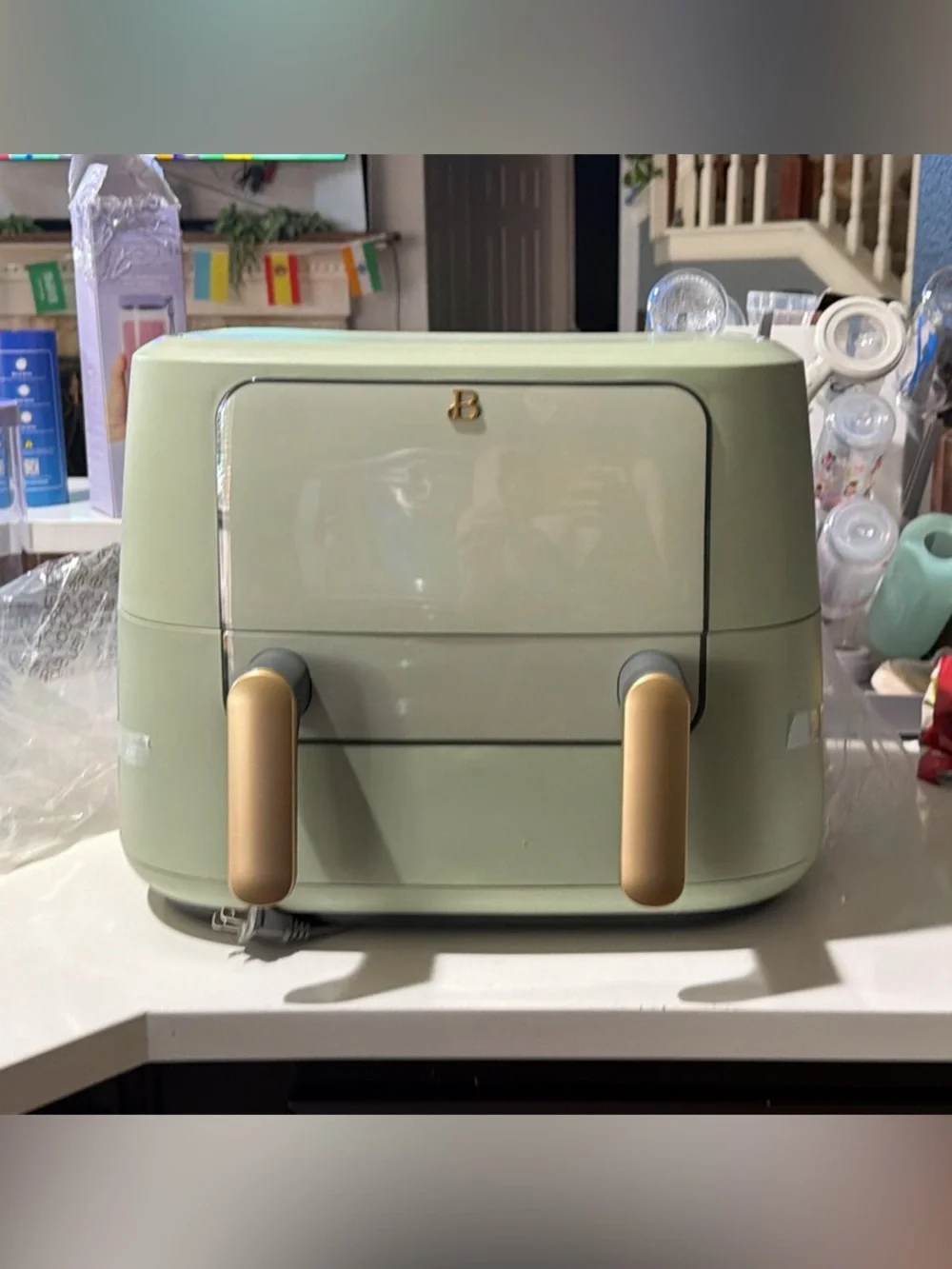 Double-Drawer Air Fryer in Sage Green with Gold Handles